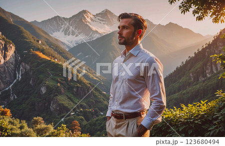Man in a white shirt stands in front of a mountain range. The mountains are covered in snow, and the man is wearing a brown belt. The scene is serene and peaceful, with the man looking out over the 123680494