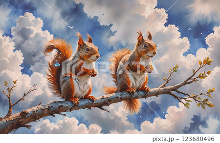 Two squirrels are sitting on a branch in the sky. The sky is cloudy and the sun is shining through the clouds 123680496