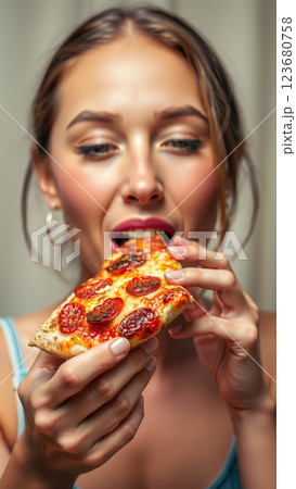 Young woman eating pizza with appetite 123680758