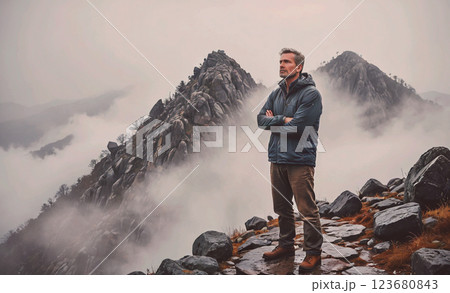 Man stands on a rocky mountain top, looking out over the misty landscape. The scene is serene and peaceful, with the man's crossed arms and focused gaze conveying a sense of contemplation and solitude 123680843