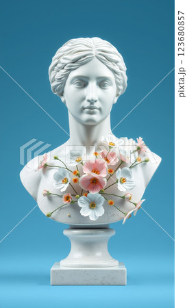 Stone statue covered with spring flowers on isolated background 123680857