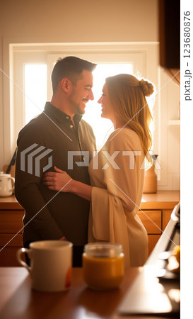A married couple hugs in the morning in the kitchen. A man and a woman in love hugging each other in the rays of the morning sun 123680876
