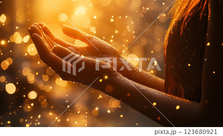 希望と癒しを象徴する光の中の手 希望と癒しを象徴する光の中の手 123680921