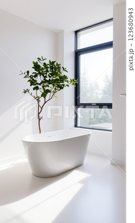 Scandinavian style bathroom interior in light colors. The bathtub is located near the window 123680943