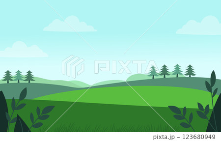 Peaceful Green Meadow Field Hills Nature Landscape with Plant in Summer Peaceful Green Meadow Field Hills Nature Landscape with Plant in Summer 123680949