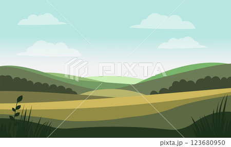 Peaceful Green Meadow Field Hills Nature Landscape with Plant in Summer 123680950
