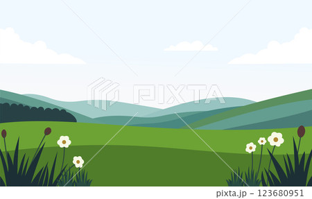 Peaceful Green Meadow Field Hill Nature Landscape with Flower Floral Plant in Summer 123680951