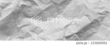 Crumpled paper halftone texture. Dotted rough wrinkled background. Old creased paper sheet wallpaper. Comic pop art grain overlay. Aged damaged gritty page in cartoon style. Vector crumpled surface 123680982