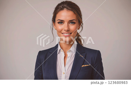 Woman in a business suit is smiling and looking at the camera. She is wearing a blue jacket and a white shirt 123680983