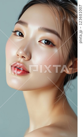 Portrait of beautiful asian woman on isolated grey background 123681007