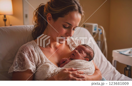 Woman is holding a baby in her arms. The baby is wrapped in a blanket and he is sleeping. The woman is smiling, and the scene conveys a sense of warmth and love Woman is holding a baby in her arms. The baby is wrapped in a blanket and he is sleeping. The woman is smiling, and the scene conveys a sense of warmth and love 123681009