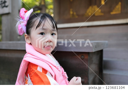 神社に和装で参拝する3歳の女の子 神社に和装で参拝する3歳の女の子 123681104