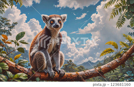 Lemur is sitting on a branch in a forest. The sky is cloudy and the sun is shining through the clouds 123681160