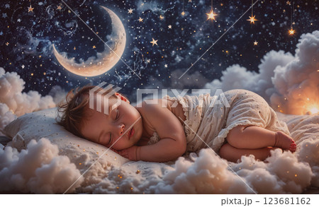 Baby is sleeping in a bed with a moon and stars in the background. The scene is peaceful and calming, with the baby's innocence and the beauty of the night sky creating a serene atmosphere 123681162