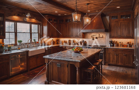 Large kitchen with a marble countertop and a sink. The kitchen is well-lit and has a warm, inviting atmosphere 123681168