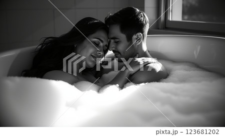 Monochrome image of a bathtub filled with foam. In the bathtub, a woman and a man in love are embracing 123681202