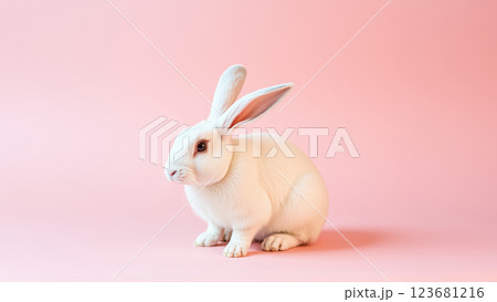 Cute white rabbit on isolated pink background Cute white rabbit on isolated pink background 123681216