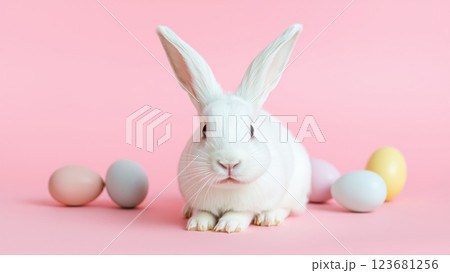 White fluffy rabbit sits on pink isolated background among colorful eggs 123681256