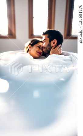 Couple in love hugging while bathing in a bathtub filled with hot water with foam 123681276