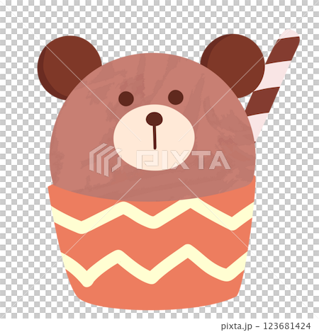 くまの顔の形のアイスクリームのイラスト　カップに乗ったアイス　可愛い手書きのイラスト 123681424