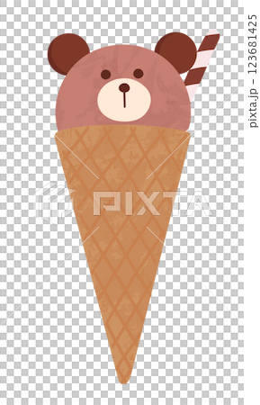 Illustration of ice cream in the shape of a bear's face. Ice cream in a waffle cone. Cute hand-drawn illustration. Illustration of ice cream in the shape of a bear's face. Ice cream in a waffle cone. Cute hand-drawn illustration. 123681425