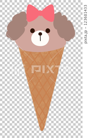 Illustration of ice cream in the shape of a dog's face with droopy ears. Ice cream served in a waffle cone. Cute hand-drawn illustration 123681433