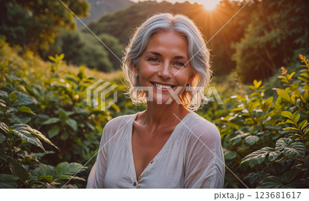 Woman is smiling in a field of green plants. She is wearing a white shirt and has her hair pulled back 123681617