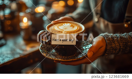 美しいラテアートが施されたコーヒーカップ 123681669
