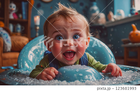 Baby is sitting in a blue plastic bowl with ice in it. The baby is smiling and looking at the camera 123681993
