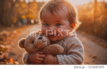 Baby is holding a teddy bear and smiling. The scene is warm and happy, with the baby and the teddy bear creating a sense of comfort and security 123682005