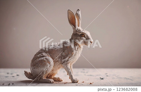 Rabbit is sitting on a table. The rabbit is white and has long ears. The rabbit is looking at the camera 123682008