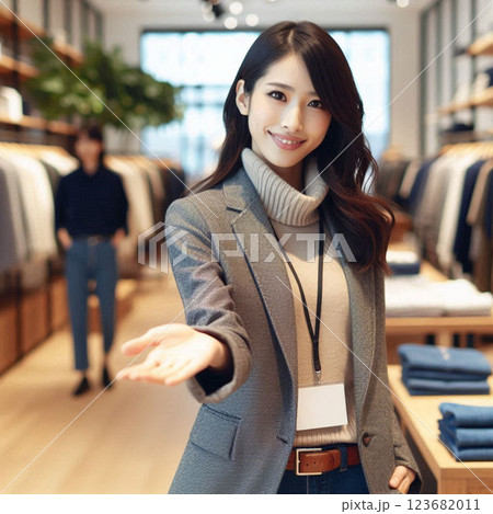 笑顔で接客応対する　女性アパレル店長 123682011