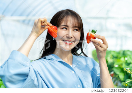 イチゴ狩りをする女性 いちご狩りをする女性 イチゴ狩りをする女性 いちご狩りをする女性 123682204