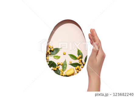 PNG, Easter, cut out egg shape with berries, with hand, on pink background, isolated on white background 123682240