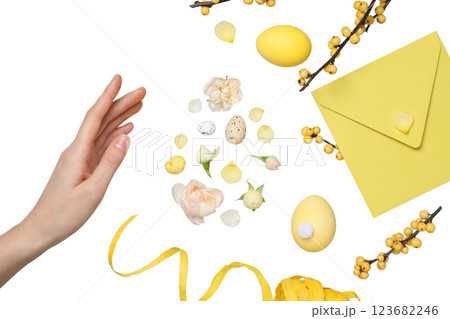 PNG, Easter, egg shape made of flowers, petals and quail eggs, with envelope and hand, isolated on white background 123682246