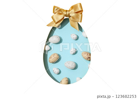 PNG, Easter, paper egg with quail eggs, with bow, isolated on white background 123682253