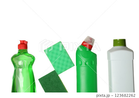 Spring cleaning, detergent bottles and sponges isolated on a white background, top view, space for text, PNG Spring cleaning, detergent bottles and sponges isolated on a white background, top view, space for text, PNG 123682262