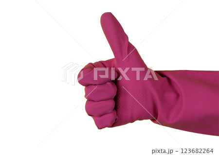 Spring cleaning, hand in pink rubber glove for cleaning isolated on white background, PNG 123682264