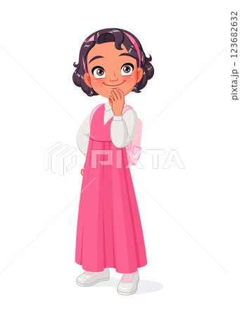 Curious Arab school girl in uniform thinking. Cartoon vector illustration. Curious Arab school girl in uniform thinking. Cartoon vector illustration. 123682632