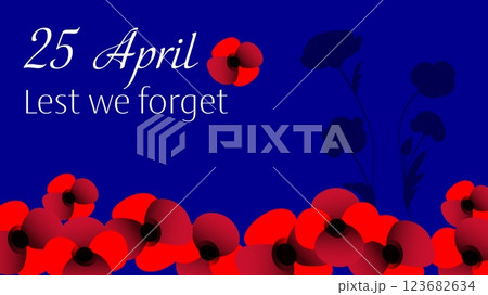 Anzac day vector horizontal banner with poppy flower composition on blue and 25 April text 123682634