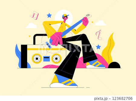 Music Entertainment Vector Illustration featuring People Playing Various Musical Instruments with Musicians Performing Live on Stage in a Background Music Entertainment Vector Illustration featuring People Playing Various Musical Instruments with Musicians Performing Live on Stage in a Background 123682706