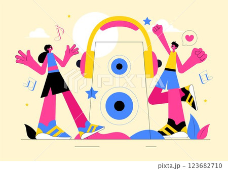 Music Entertainment Vector Illustration featuring People Playing Various Musical Instruments with Musicians Performing Live on Stage in a Background Music Entertainment Vector Illustration featuring People Playing Various Musical Instruments with Musicians Performing Live on Stage in a Background 123682710