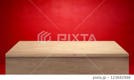 Beautiful empty wooden table, red wall background. 123682986
