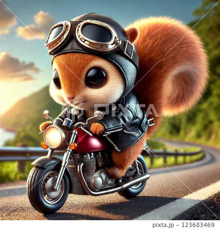山の中をバイクで走る可愛いかわいいリス 山の中をバイクで走る可愛いかわいいリス 123683469