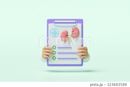 3d doctor hand holding check list for health with kidney isolated on green background. health check report, medicare concept, 3d illustration render 123683589