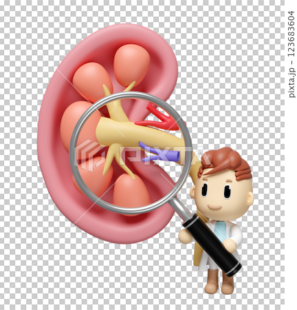 3d human kidney cross section with doctor holding a magnifying glass isolated. health check, medicare concept, 3d illustration render 3d human kidney cross section with doctor holding a magnifying glass isolated. health check, medicare concept, 3d illustration render 123683604