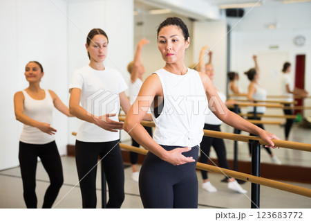Group of women doing ballet dance moves Group of women doing ballet dance moves 123683772
