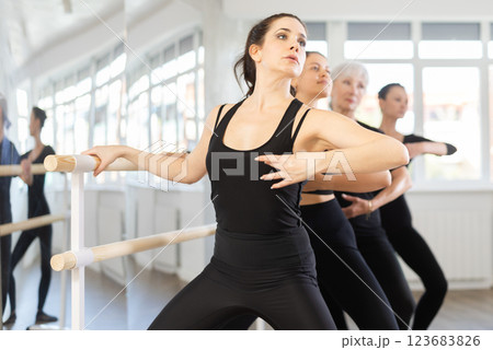 Group of women perform plie at ballet barre 123683826