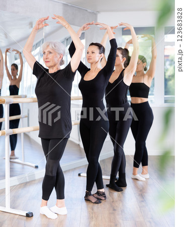 Ballet dancers practicing at barre in dance class 123683828