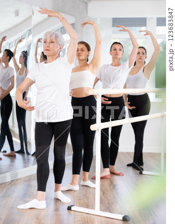 Girls in ballet class perform forth position with participation of mature female mentor 123683847